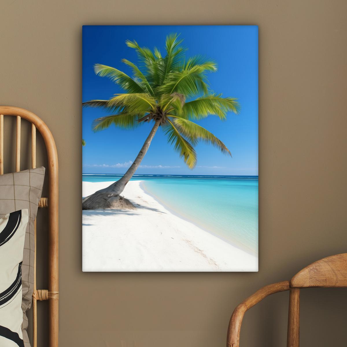 LEINWANDBILD Strand - Palme - Tropisch - Meer Wandbild Wohnzimmer 60x80 cm - Grün, Textil (60/80cm) - MuchoWow