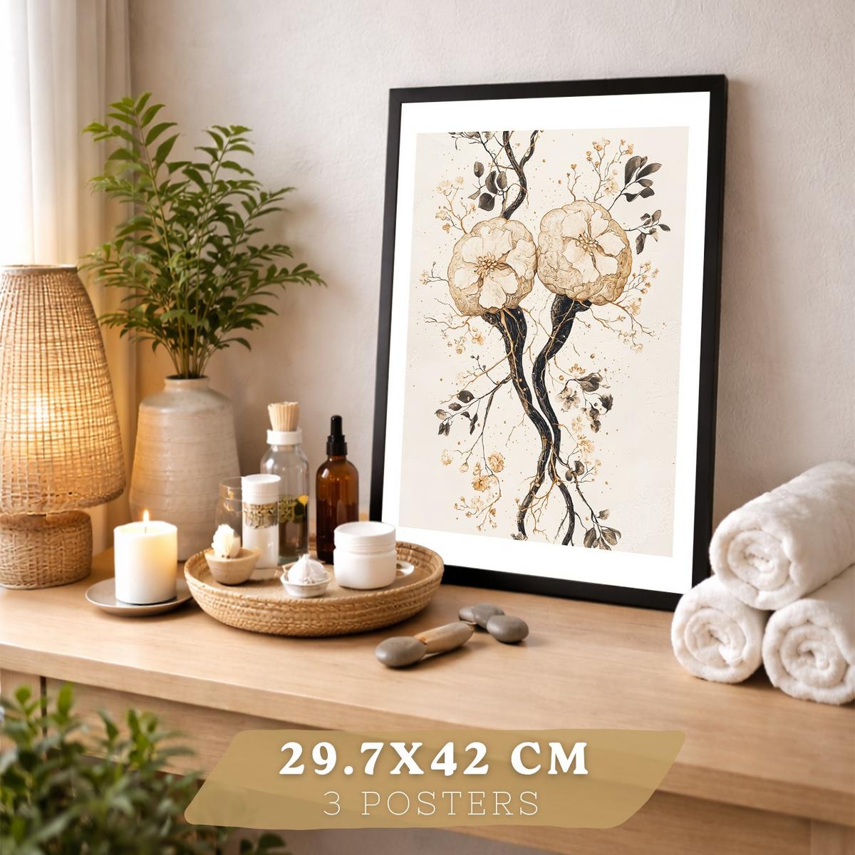 POSTER Set aus 3 Neuronale Anatomie Drucke und Wandbilder mit Neuronen Synapsen und Gehirn Minimalistischer Floraler Stil Größe Schwarzer Rahmen A3 - Schwarz, Papier (29.7/42/3cm) - Nacnic