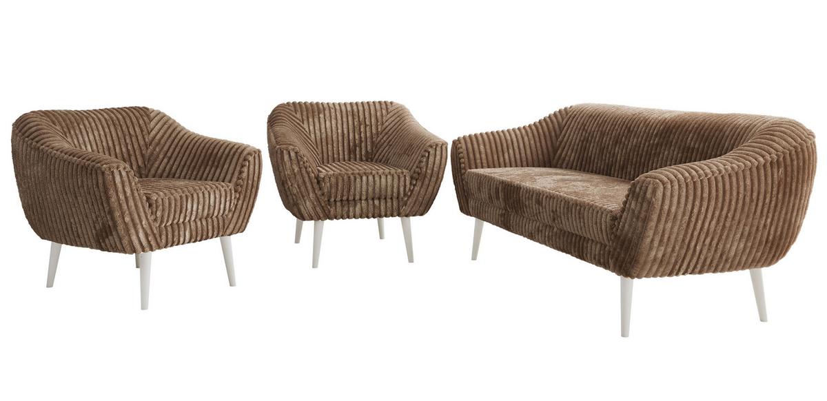 SITZGARNITUR PIRS 3+1+1 - Braun Cord - Weiße Beine - Braun/Weiß, Holzwerkstoff/Textil (180/75/74cm) - MKS