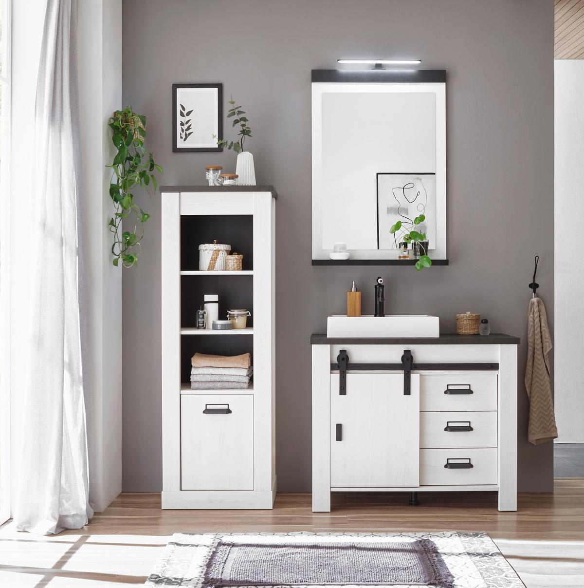 BADMÖBEL-SET 5-teilig weiß Pinie, anthrazit Landhaus, Badkombination MIT Waschbecken und Spiegellampe - Anthrazit/Weiß, Holzwerkstoff/Metall (165/210/43cm) - Furn.Design