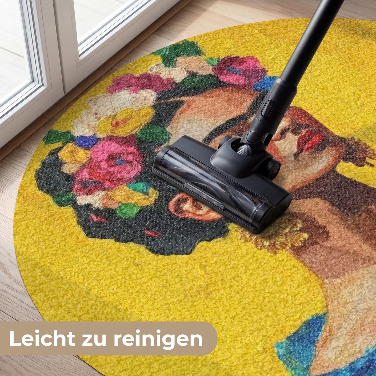 FUSSMATTE Frida Kahlo - Frau - Gelb - Blau - Blumen Schmutzfangmatte 120x120 cm - Gelb, Kunststoff (120/0.4cm) - MuchoWow