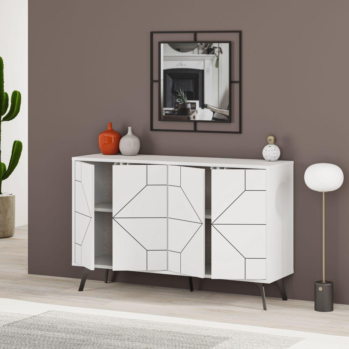 SIDEBOARD mit 4 Türen und dekorierten Türen L123 cm - Dune - Weiß, Holzwerkstoff (35/62.4/16cm) - Calicosy