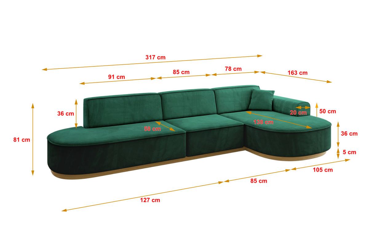 ECKSOFA Ottomane Rechts MARI-L2-v2 - 328x171x83 cm Grün Velours - Grün, Holzwerkstoff/Textil (171/328cm) - ALTDECOR