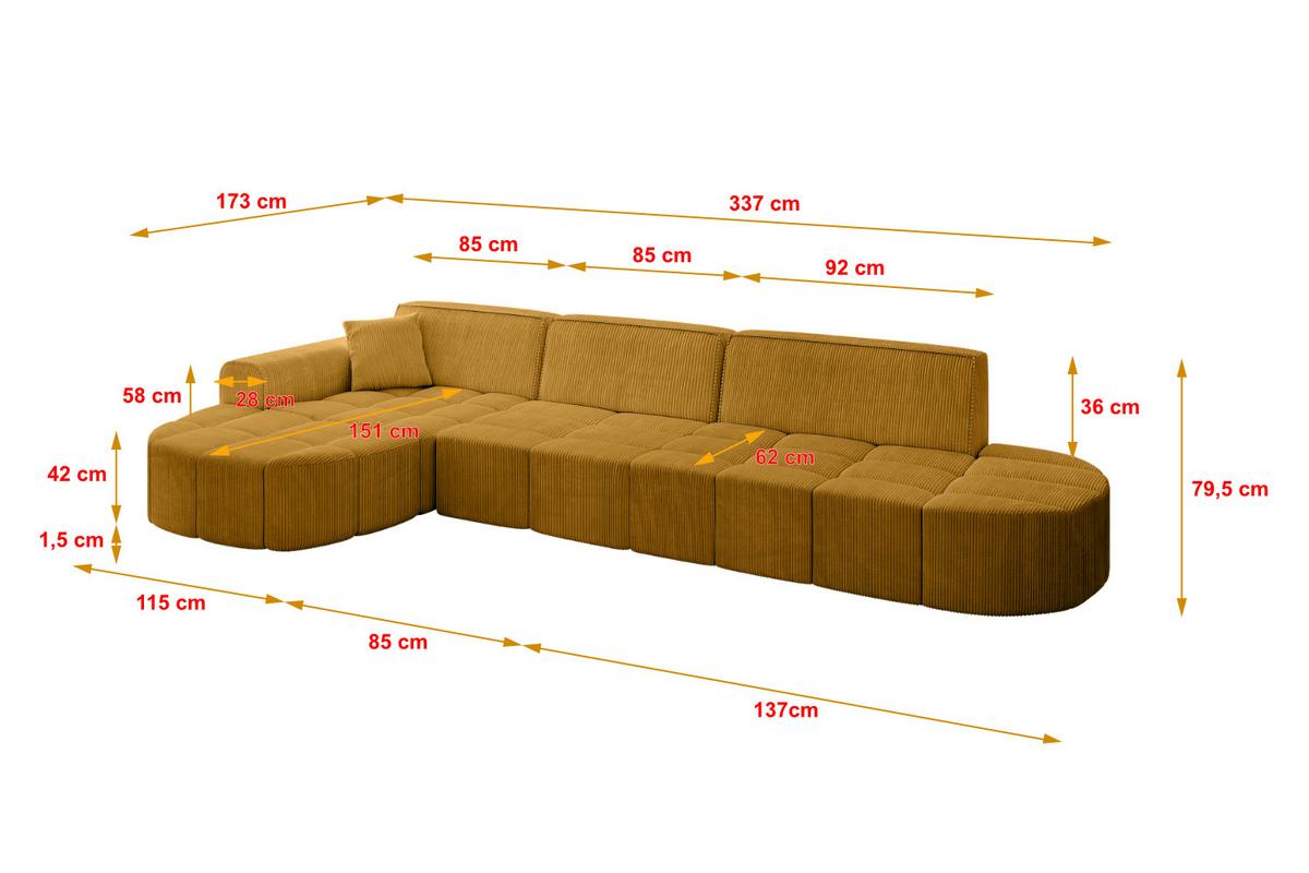 ECKSOFA Ottomane Links LIVO-L2 - 337x173x79,5 cm Senfgelb - Currygelb/Gelb, Holzwerkstoff/Textil (337/173cm) - ALTDECOR