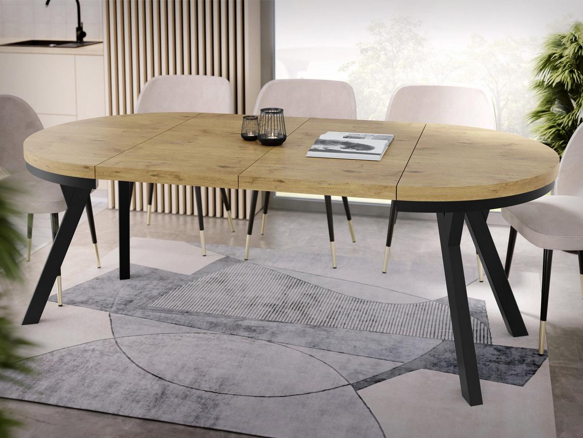 ESSTISCH Lume runder ausziehbarer, Lancelot Eiche 100-200/100/76 cm - Eichefarben/Schwarz, Holz/Holzwerkstoff (100/200/76cm) - WFL GROUP