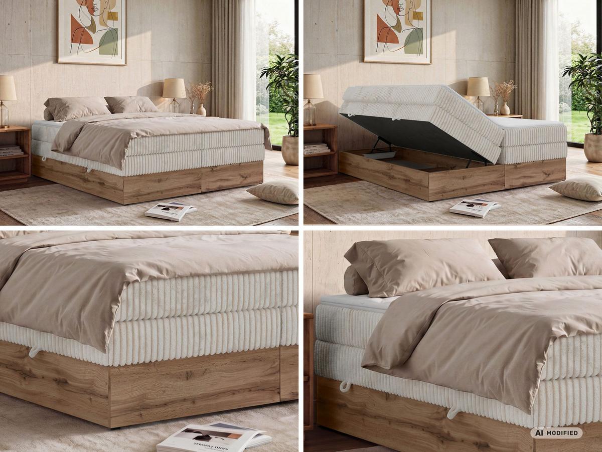 BOXSPRINGBETT WOOD ZERO KING 180/200 - Beige Cord - Topper T25 - H3 - Beige/Schwarz, Kunststoff/Textil (180/200cm) - MKS