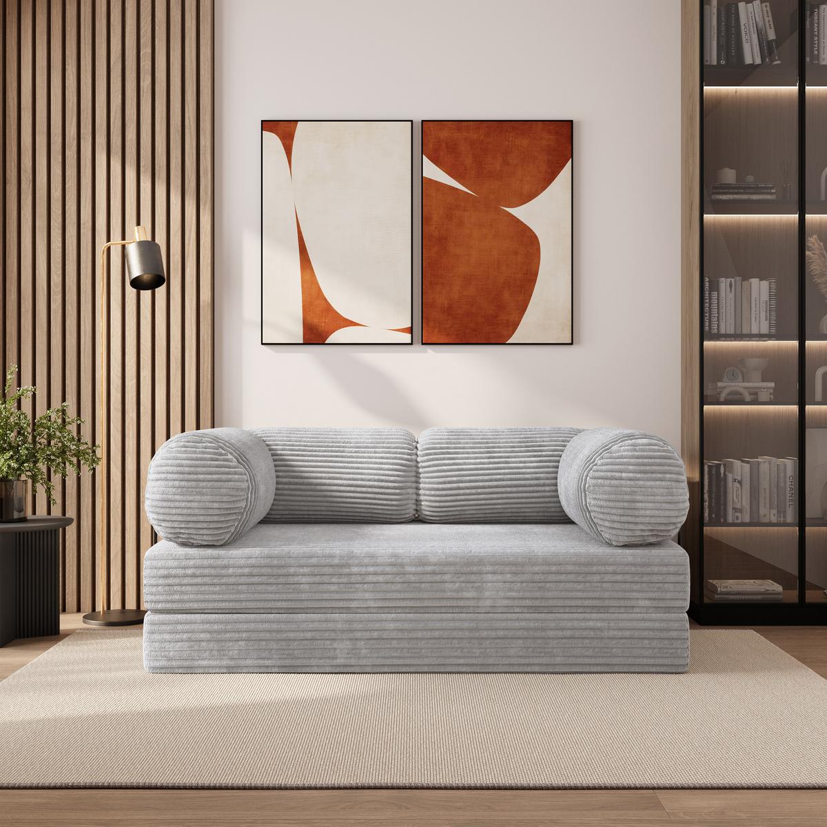 BETTSOFA ALVIO aus Schaumstoff Kordstoff Hellgrau Schlaffunktion - Grau, Textil (170/68/80cm) - MASSENO