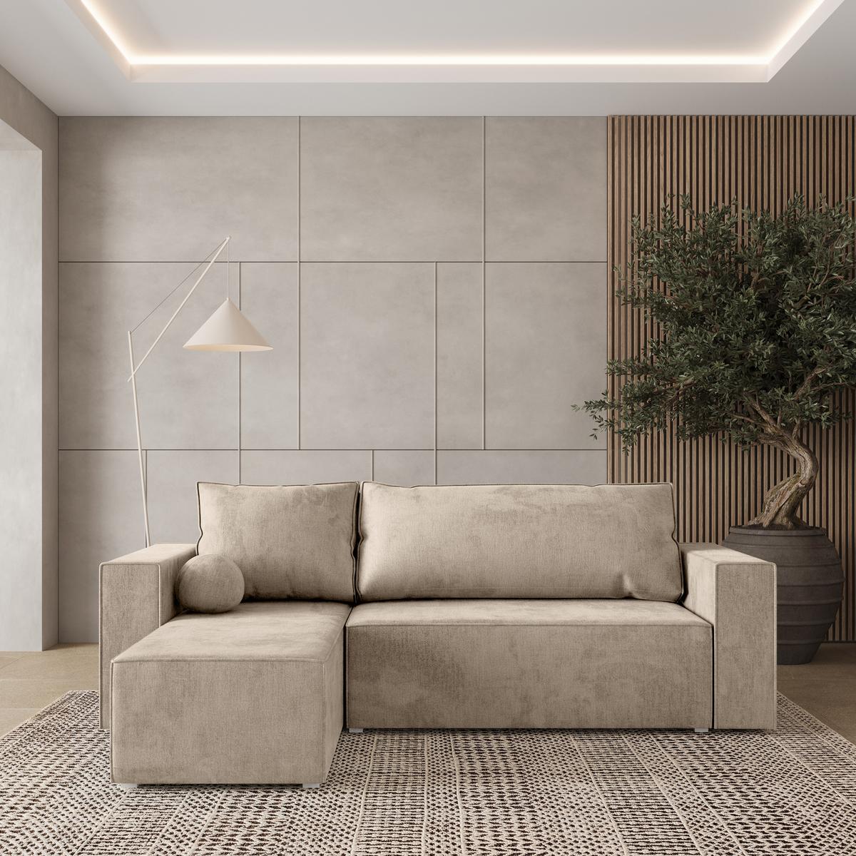 ECKSOFA RAVELO M Creme Velours-Stoff mit Schlaffunktion - Creme/Grau, Holz/Kunststoff (240/140cm) - MASSENO