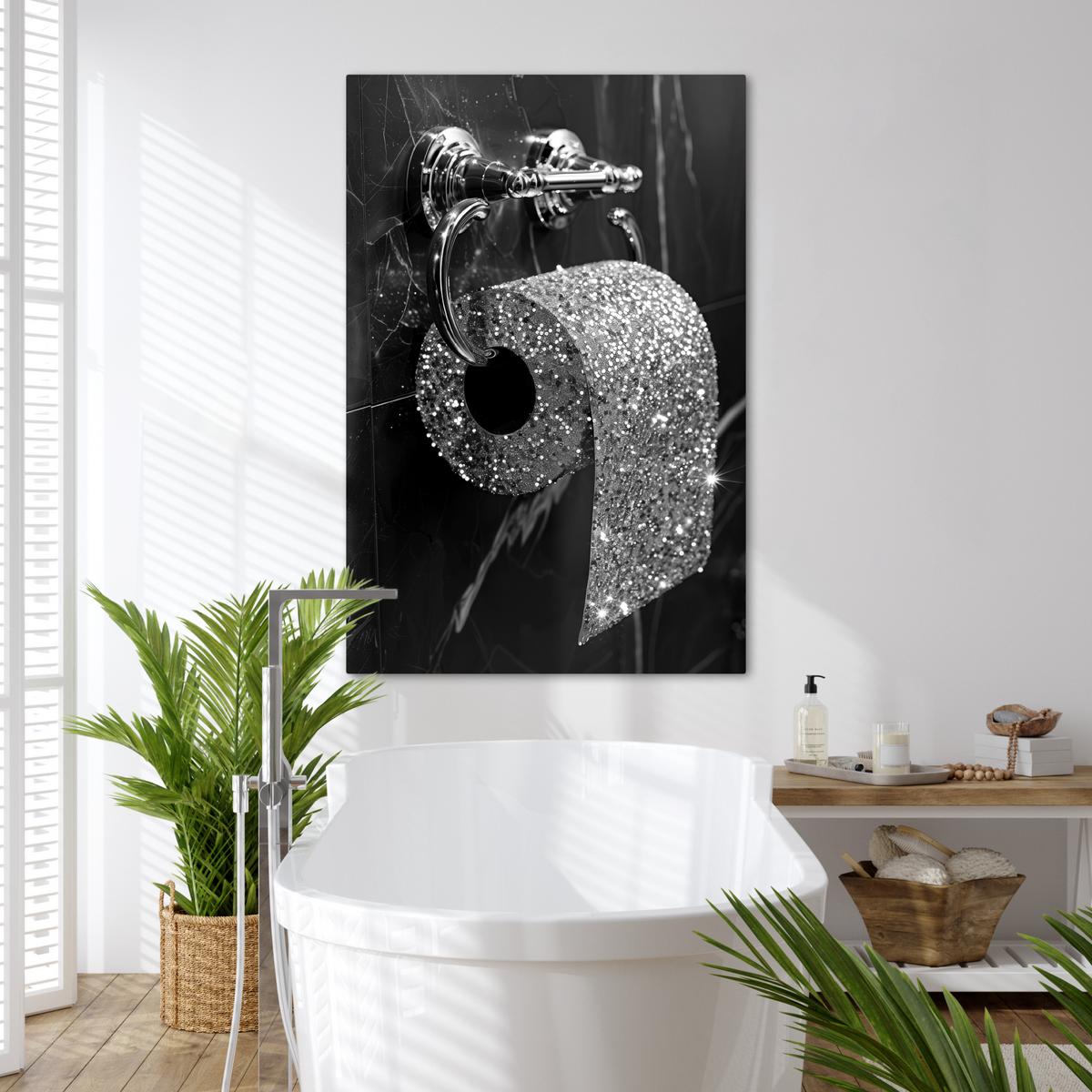 LEINWANDBILD WC - Toilettenpapier - Schwarz und weiß - Glitter Deko XXL 80x120 cm - Silberfarben, Textil (80/120cm) - MuchoWow