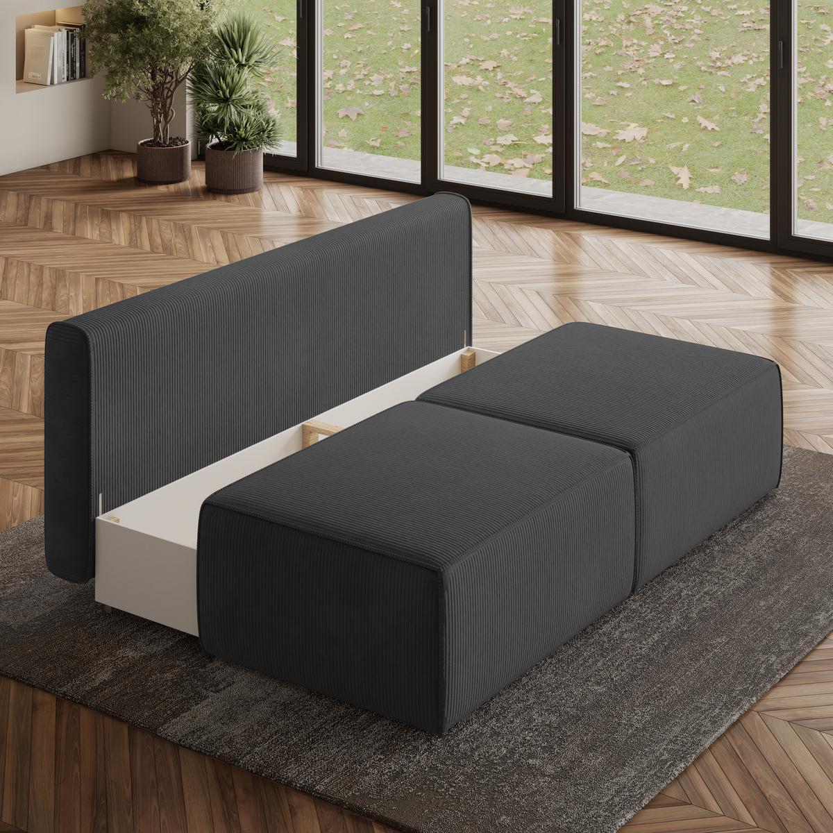 ECKSOFA VARNA P Graphitfarben Kordstoff mit Schlaffunktion - Graphitfarben/Grau, Holz/Kunststoff (196/158cm) - MASSENO