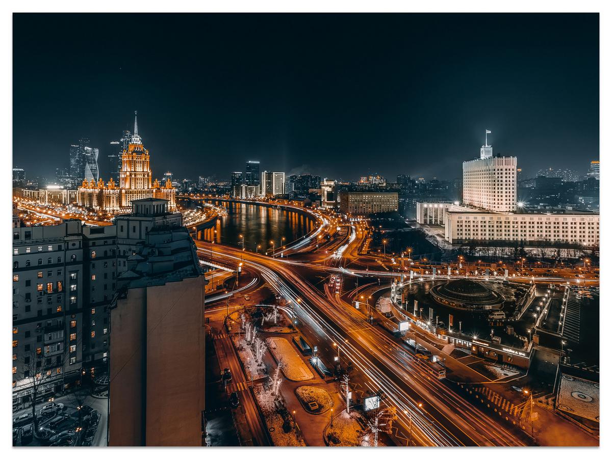 FOTOTAPETE für Wohnzimmer Moskau Nacht Panorama Metropole Straßen 100x70 - Beige/Schwarz, Papier (100/70cm) - Muralo