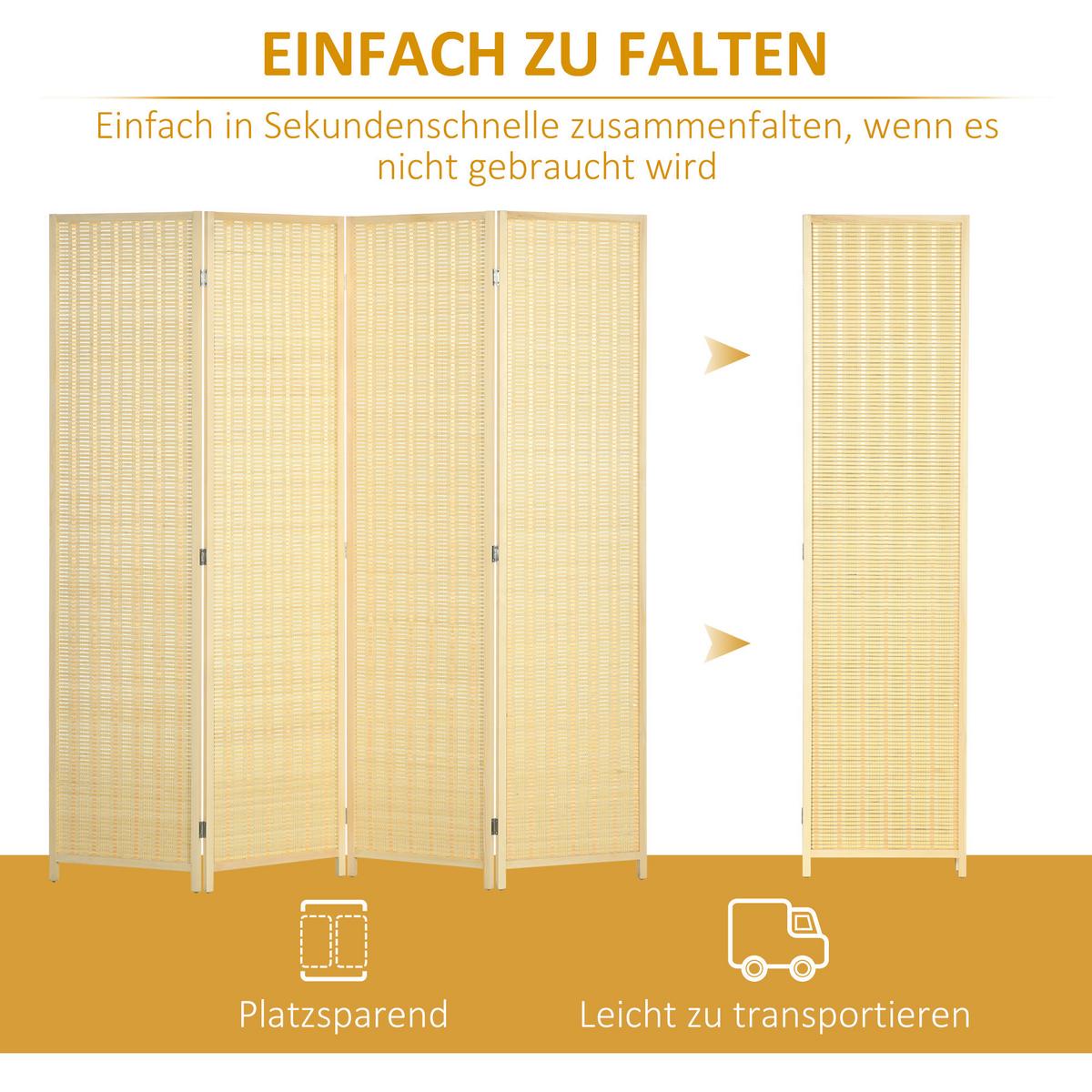 4-TEILIGER Raumteiler, 180 x 180 cm Trennwand aus Bambus und Baumwolle - Naturfarben, Holzwerkstoff (1.7/180/1.7cm) - HOMCOM