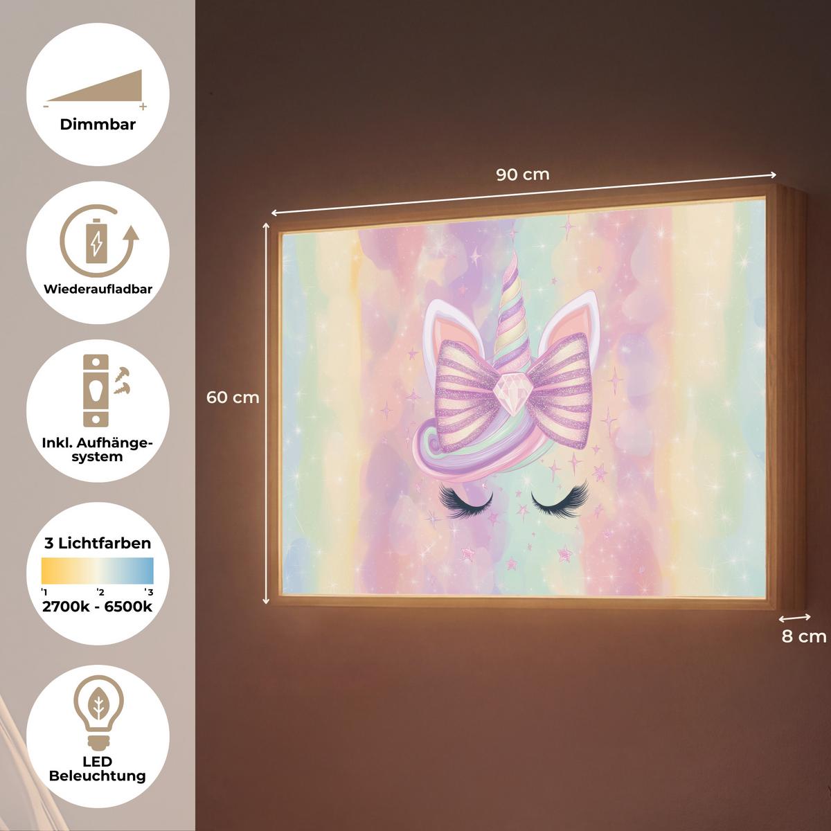 NACHTTISCHLAMPE MIT AKKU Einhorn - Glitzer - Regenbogen - Pastell 90x60 cm - Hellrosa, Holzwerkstoff (8/90/60cm) - OnlyWow