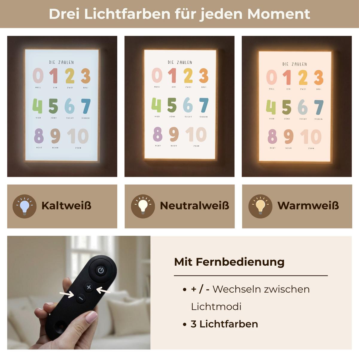 NACHTTISCHLAMPE MIT AKKU Pädagogisch - Zählen lernen - Weiß - Farben - 1-10 60x90 cm - Weiß, Holzwerkstoff (8/60/90cm) - OnlyWow