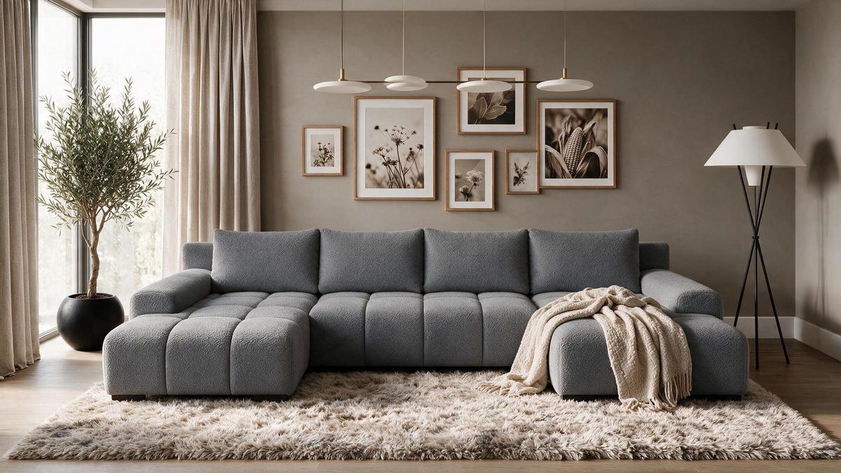 WOHNLANDSCHAFT OVIA U mit Bettkasten und Schlaffunktion, Bouclé-Stoff in U-Form - Dunkelgrau, Textil (350/80/185cm)