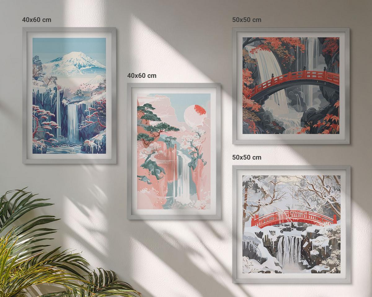 BILDER SET 4er Set - 50x50 cm & 40x60 cm Silberner Rahmen - Wasserfälle, Berge, Brücken, Bäume - Silberfarben, Kunststoff (50/50cm) - TULUP