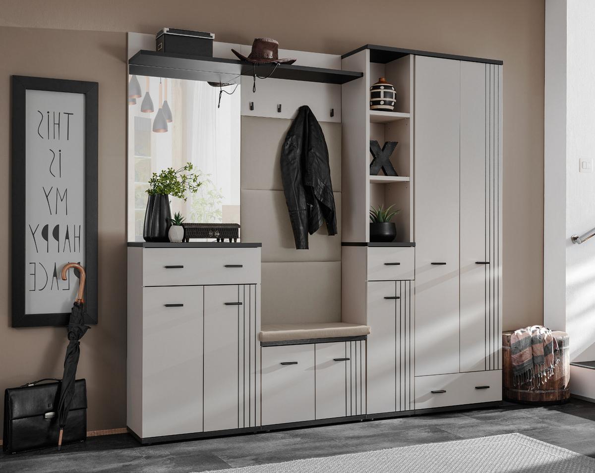 GARDEROBEN-SET Kaschmir, schwarz 6-teilig 210 cm, Flurgarderobe mit viel Stauraum - Kaschmir/Schwarz, Glas/Holzwerkstoff (210/203/32cm) - Inn.Furn