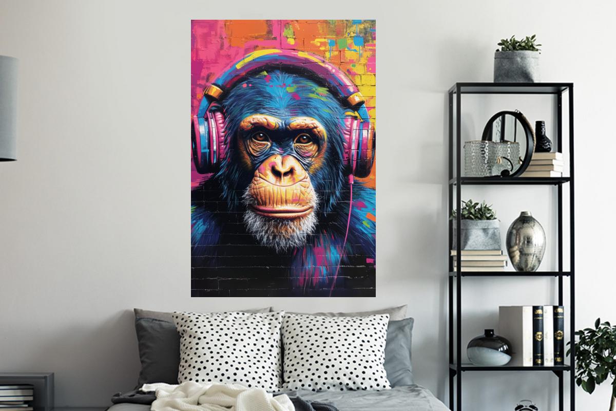 WANDTATTOO Graffiti - Schimpanse - Straßenkunst - Kopfhörer - Affe Wandaufkleber 80x120 cm - Blau, Kunststoff (80/120/0.1cm) - MuchoWow