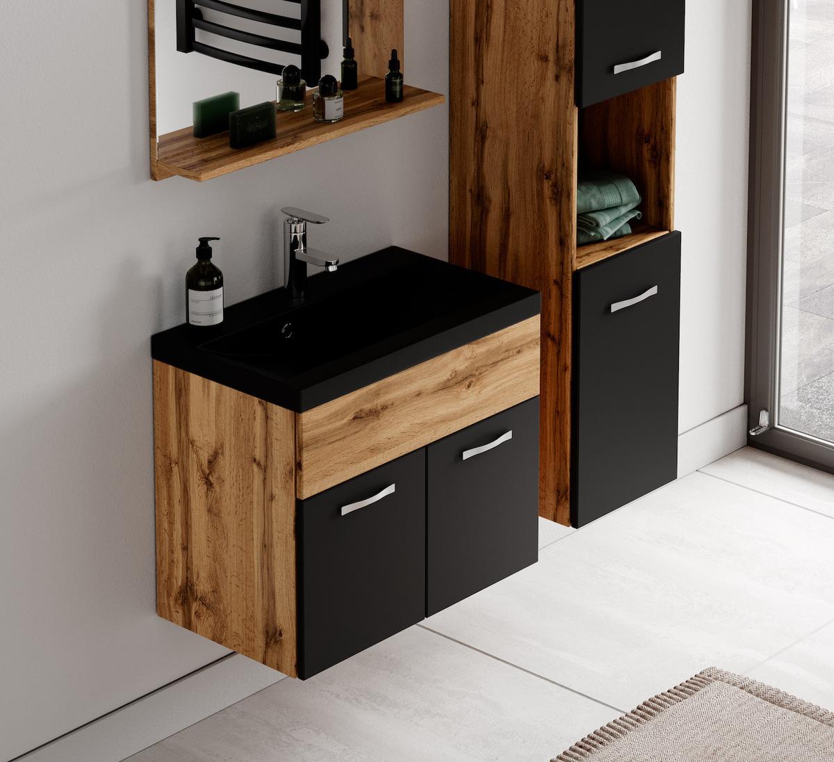 BADMÖBEL-SET Montreal 4 Teile Eiche / Schwarz - 60 x 35 x 51 cm - Eichefarben/Schwarz, Holz (60/51/35cm) - Badplaats