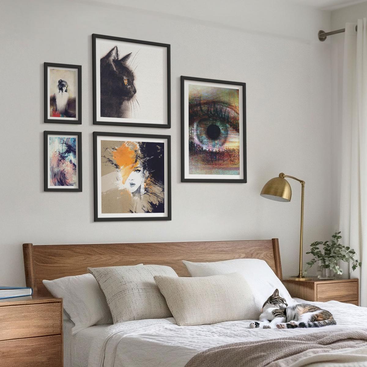 BILDER SET 5er Set - 50x50 cm & 20x30 cm & 40x60 cm Schwarzer Rahmen - Gelbgrau-braune Wellen - Schwarz, Kunststoff (40/60cm) - TULUP