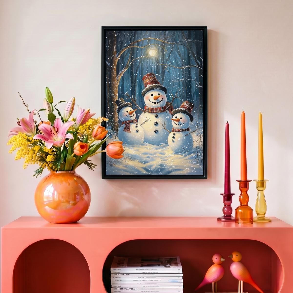 LEINWAND Bilder mit Rahmen - Schneemann - Schnee - Winter - Wald - 20x30 - Hellblau, Textil (20/30cm) - MuchoWow