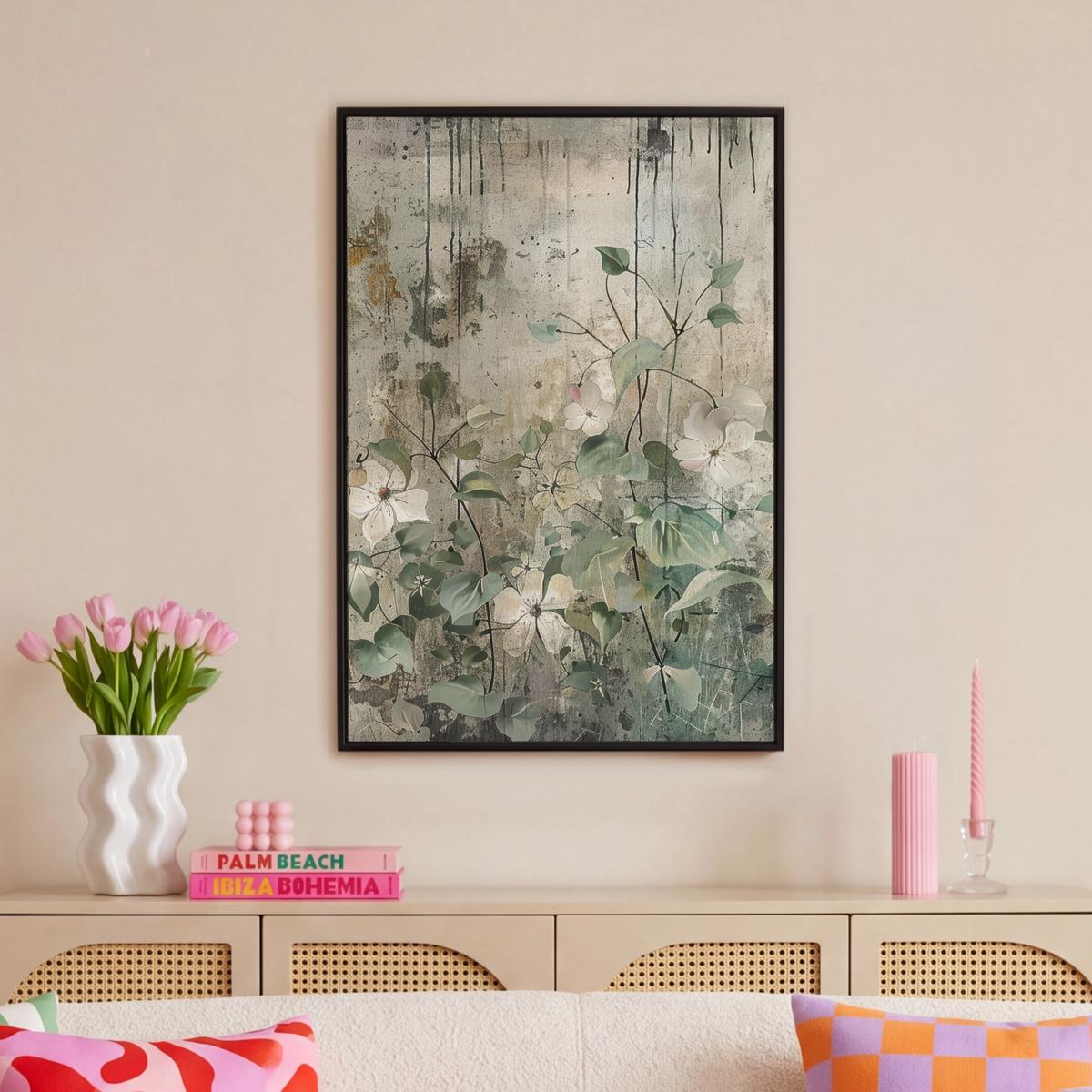 LEINWAND Bilder mit Rahmen - Blumen - Blätter - Abstrakt - Modern - 60x90 - Grau, Textil (60/90cm) - MuchoWow
