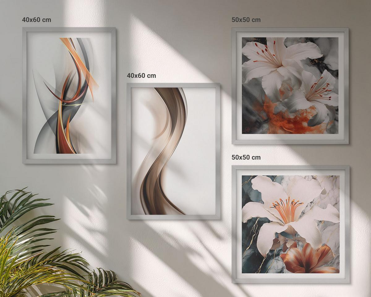 BILDER SET 4er Set - 50x50 cm & 40x60 cm Silberner Rahmen - Gelbgrau-braune Wellen - Silberfarben, Kunststoff (50/50cm) - TULUP