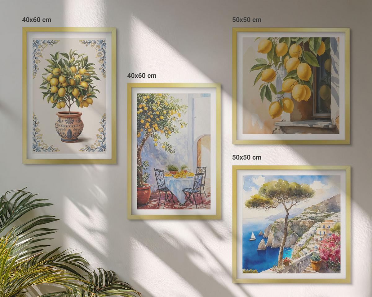 BILDER SET 4er Set - 50x50 cm & 40x60 cm Goldrahmen - Zitronenbäume in der Sonne - Goldfarben, Kunststoff (50/50cm) - TULUP