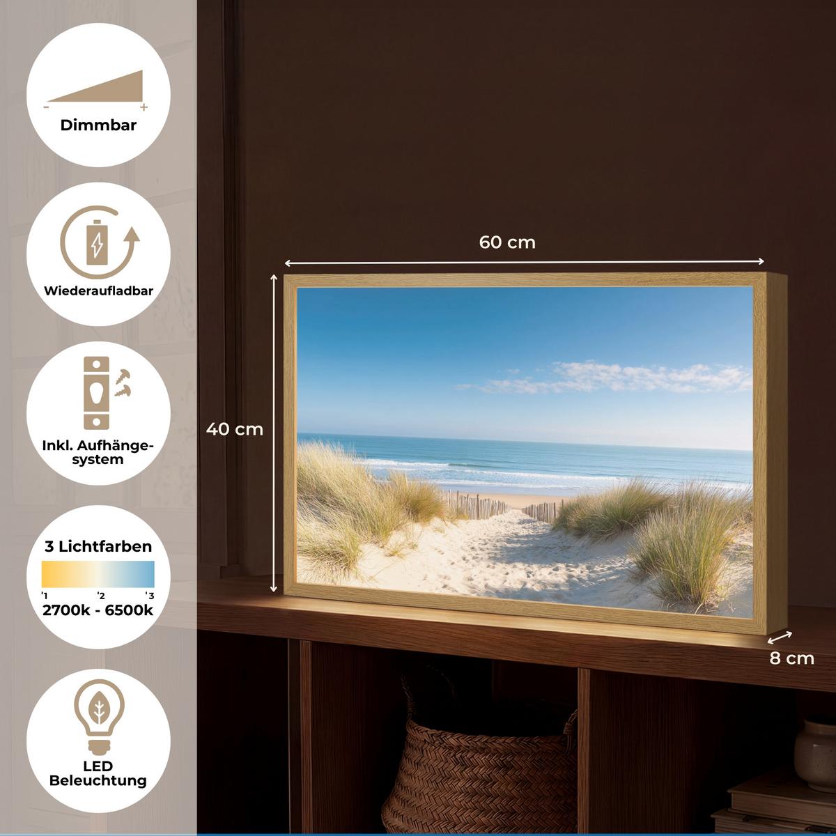 WANDLEUCHTE MIT AKKU Strand - Meer - Düne - Sand - Sommer 60x40 cm - Sandfarben, Holzwerkstoff (60/40/8cm) - OnlyWow