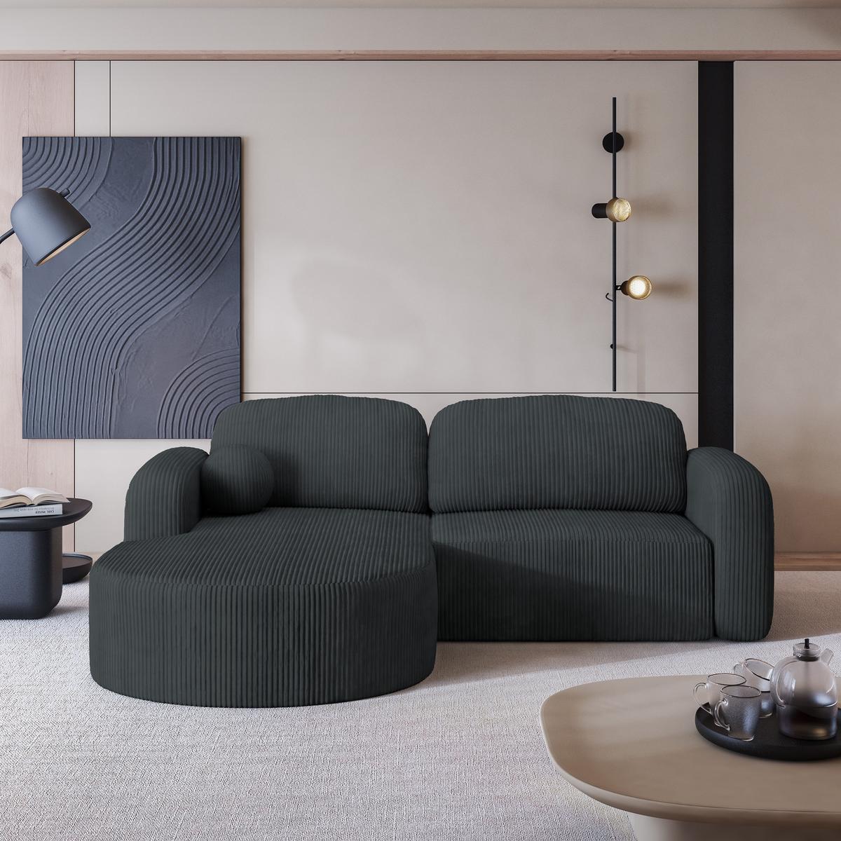 ECKSOFA AMILIA P L-S Graphitfarben Kordstoff mit Schlaffunktion - Graphitfarben, Holz (263/174cm) - MASSENO