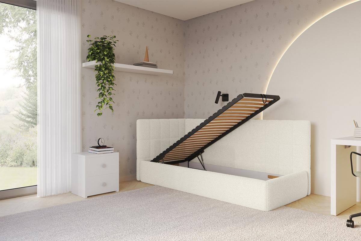 EINZELLBETT Jugendbett mit Bettkasten und Matratze H3/H4, Rechts - TULY 100x200 Beige - Perlmutt, Holzwerkstoff/Textil (100/200cm) - ALTDECOR