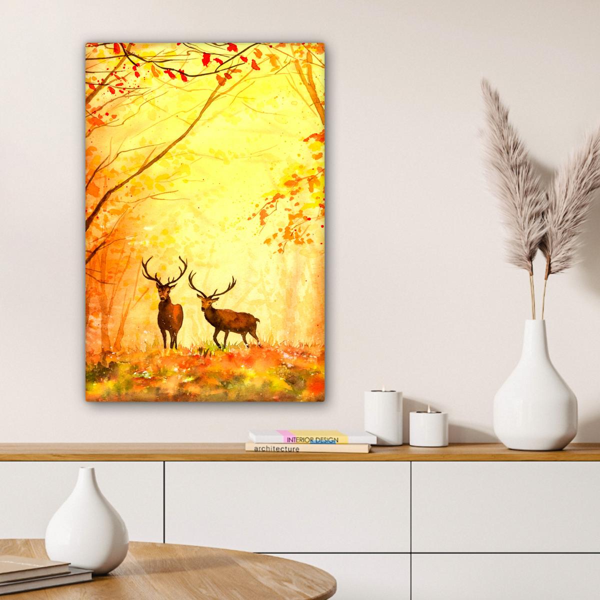 LEINWANDBILD Natur - Ölfarbe - Hirsche - Tiere - Herbst - Orange Wanddeko Schlafzimmer 60x90 cm - Orange, Textil (60/90cm) - MuchoWow