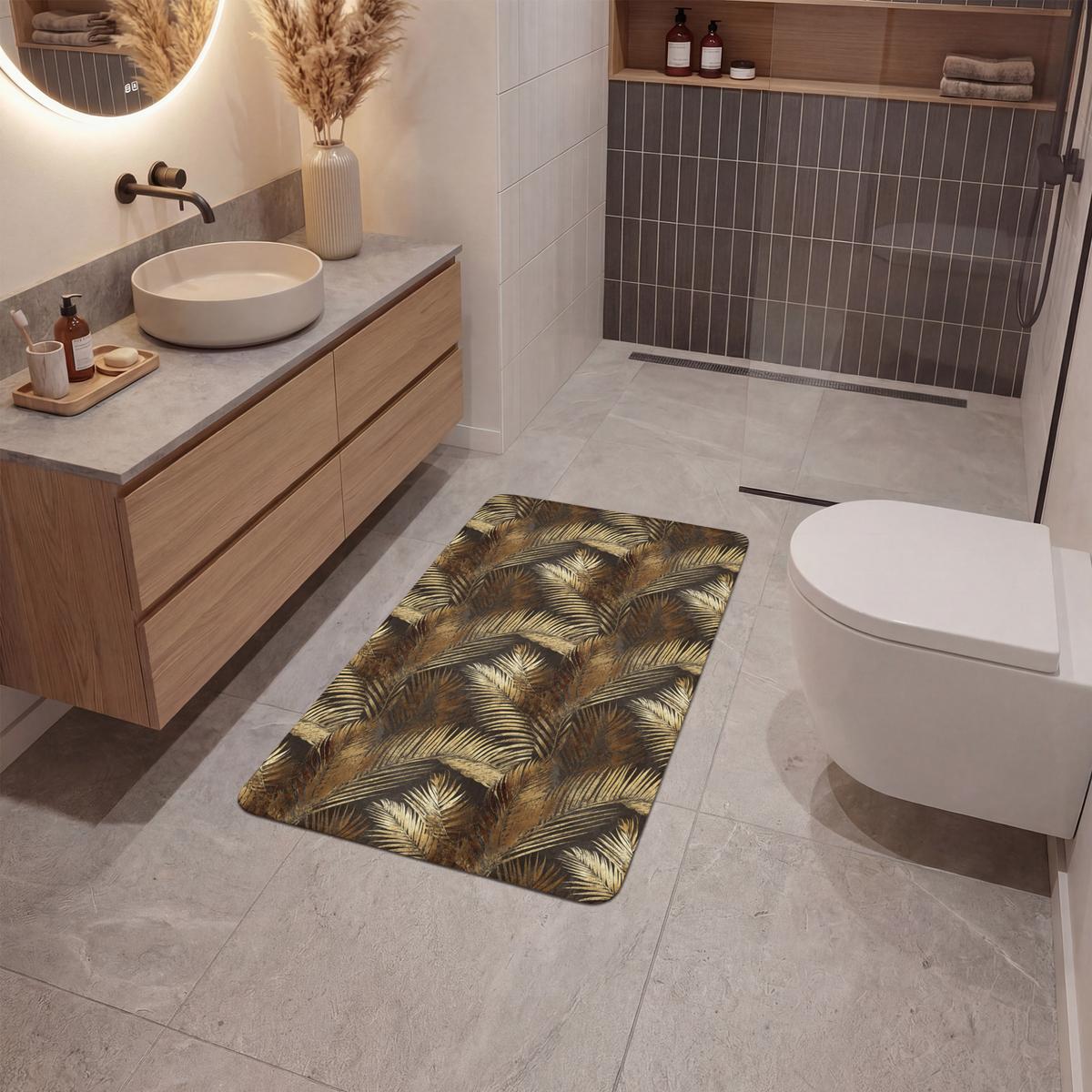 BADEMATTE Tropisch - Blätter - Gold 60x90 cm - Dunkelbraun/Goldfarben, Textil (60/90cm) - OnlyWow