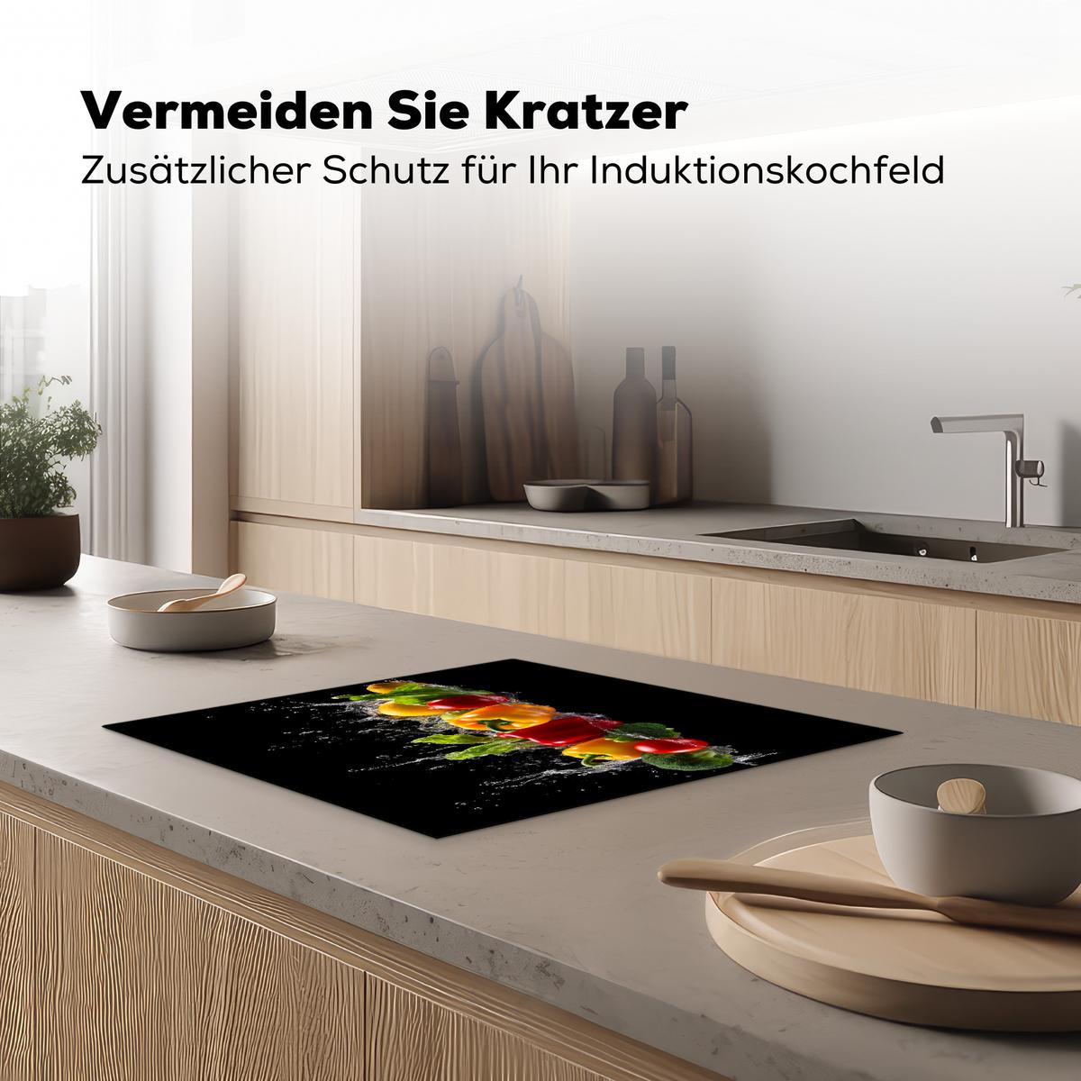 HERDABDECKPLATTE Paprika - Wasser - Gemüse - Schwarz Abdeckung Ceranfeld 57.6x51.6 cm - Multicolor, Kunststoff (57.6/51.6/0.2cm) - MuchoWow