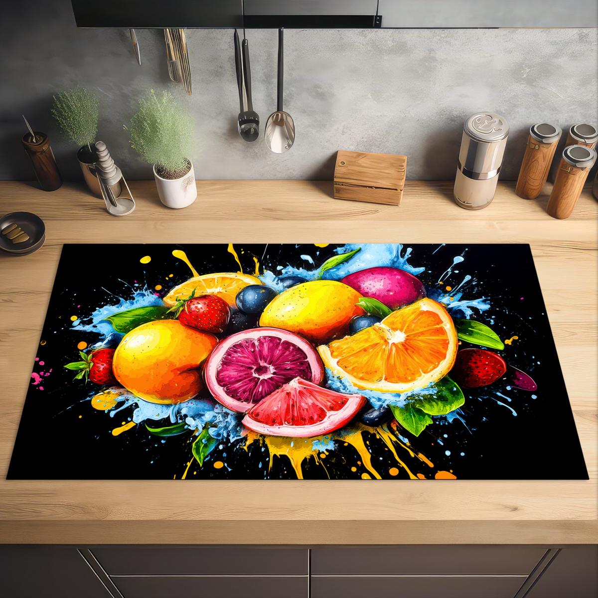HERDABDECKPLATTE Obst - Graffiti - Bunt - Orange - Erdbeere - Abstrakt Induktionsschutz 91.6x52.7 cm - Orange, Kunststoff (91.6/52.7/0.2cm) - MuchoWow