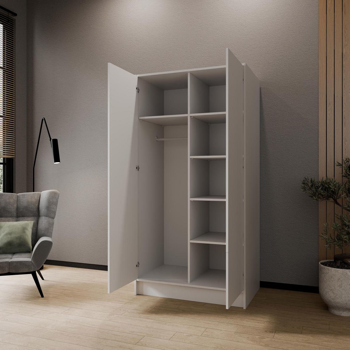 DREHTÜRENSCHRANK Gava mit zwei, glatten Türen, Weiß - Weiß, Holzwerkstoff (100/200/51cm) - Beautysofa