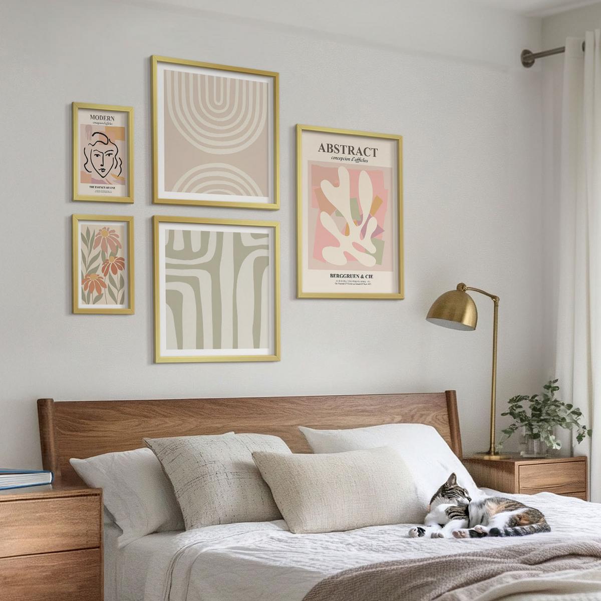 BILDER SET 5er Set - 50x50 cm & 20x30 cm & 40x60 cm Goldrahmen - Abstrakte Pflanzenformen - Goldfarben, Kunststoff (40/60cm) - TULUP