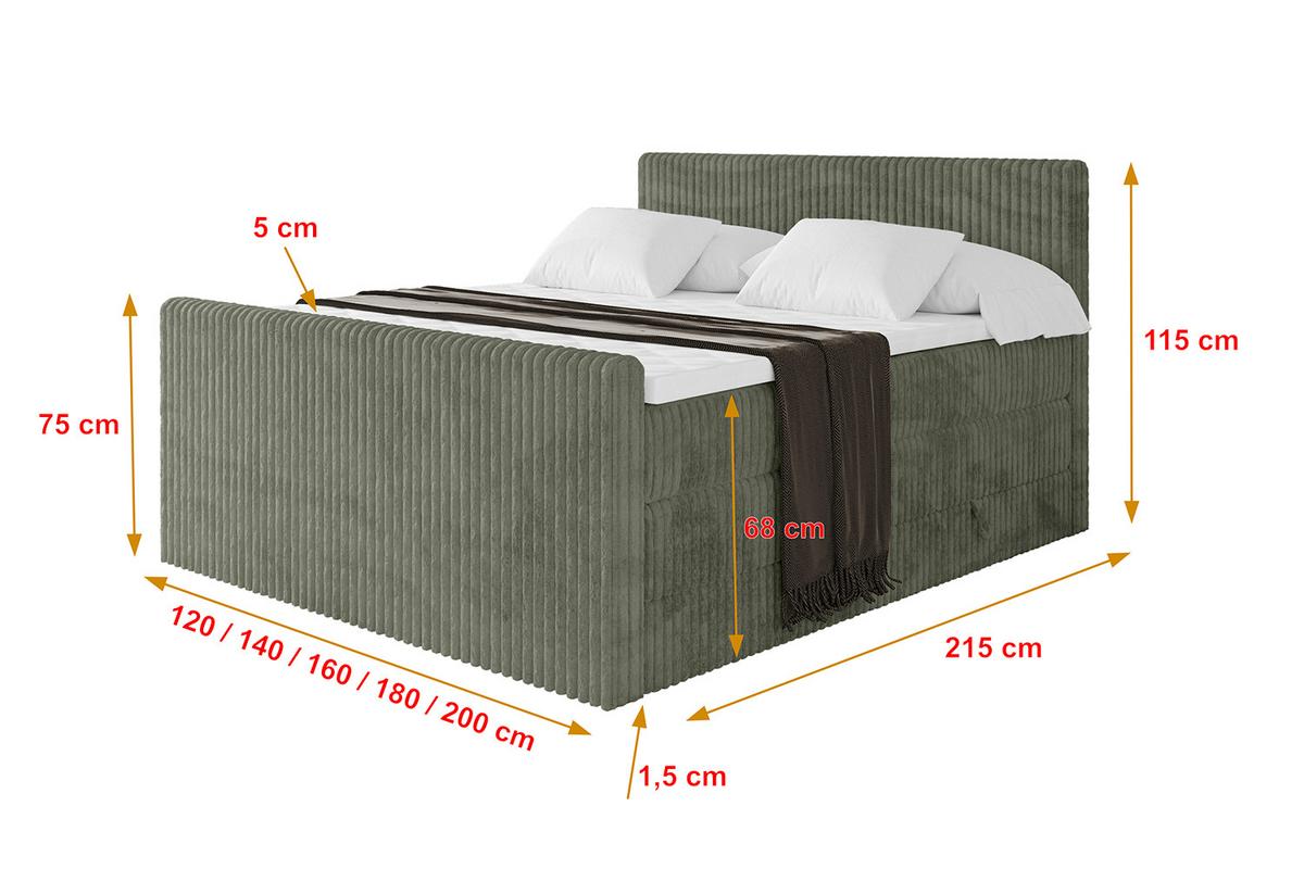 BOXSPRINGBETT mit Matratze H3|H4 und Lattenrost - TOLO-Z KING 140x200 Cord - Olive - Olivgrün, Holzwerkstoff (140/200cm) - ALTDECOR
