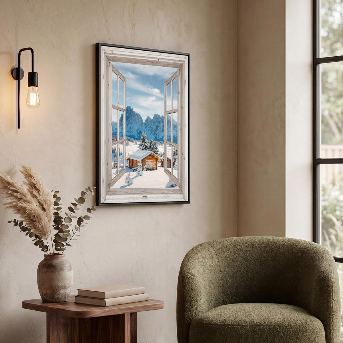 LEINWAND Bilder mit Rahmen - Winterlandschaft - Hütte - Berge - Ausblicke - Aussicht - Natur - 60x80 - Weiß Hochglanz, Textil (60/80cm) - MuchoWow