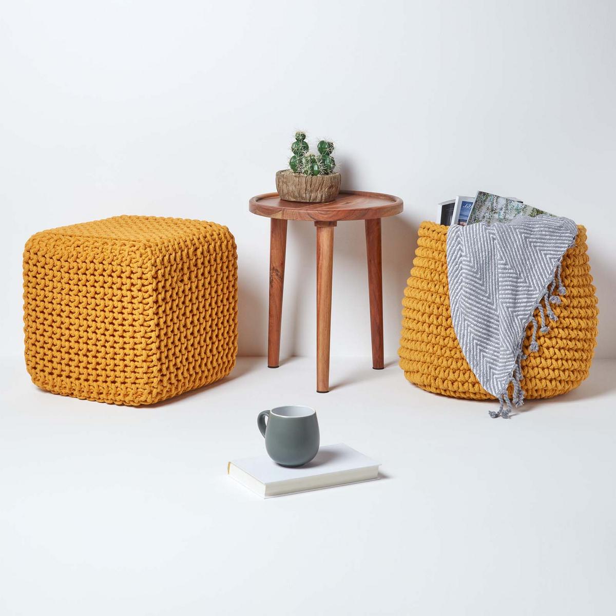 STRICK-POUF senfgelb, Sitzwürfel 35/35/35 cm - Currygelb, Textil (35/35/35cm) - Homescapes