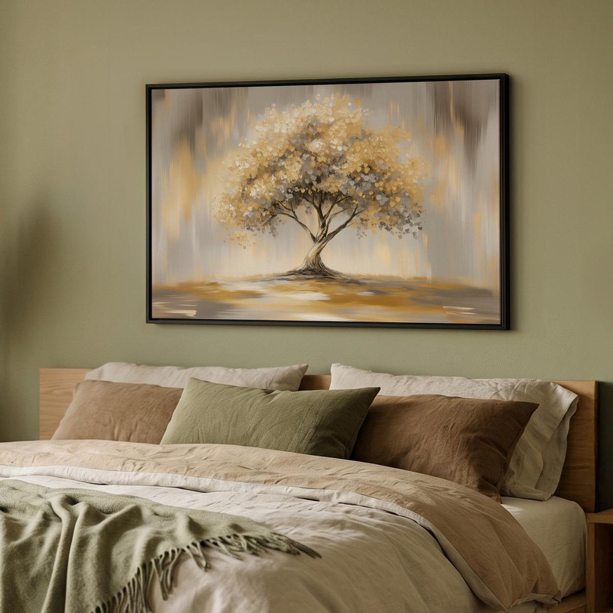 LEINWAND Bilder mit Rahmen - Gemälde - Baum - Abstrakt - Blätter - 90x60 - Beige, Textil (90/60cm) - MuchoWow