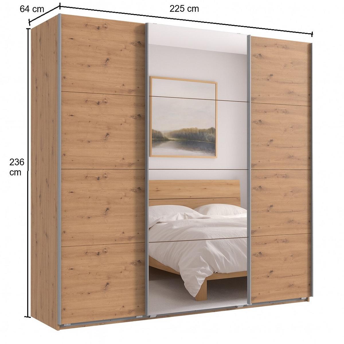 SCHWEBETÜRENSCHRANK 3-türig B225/H236/T64 cm extrahoch in Eiche Artisan Dekor, Kleiderschrank mit einer Spiegeltür / 22540 - Eichefarben/Goldfarben, Holzwerkstoff/Metall (225/236/64cm) - luma-home