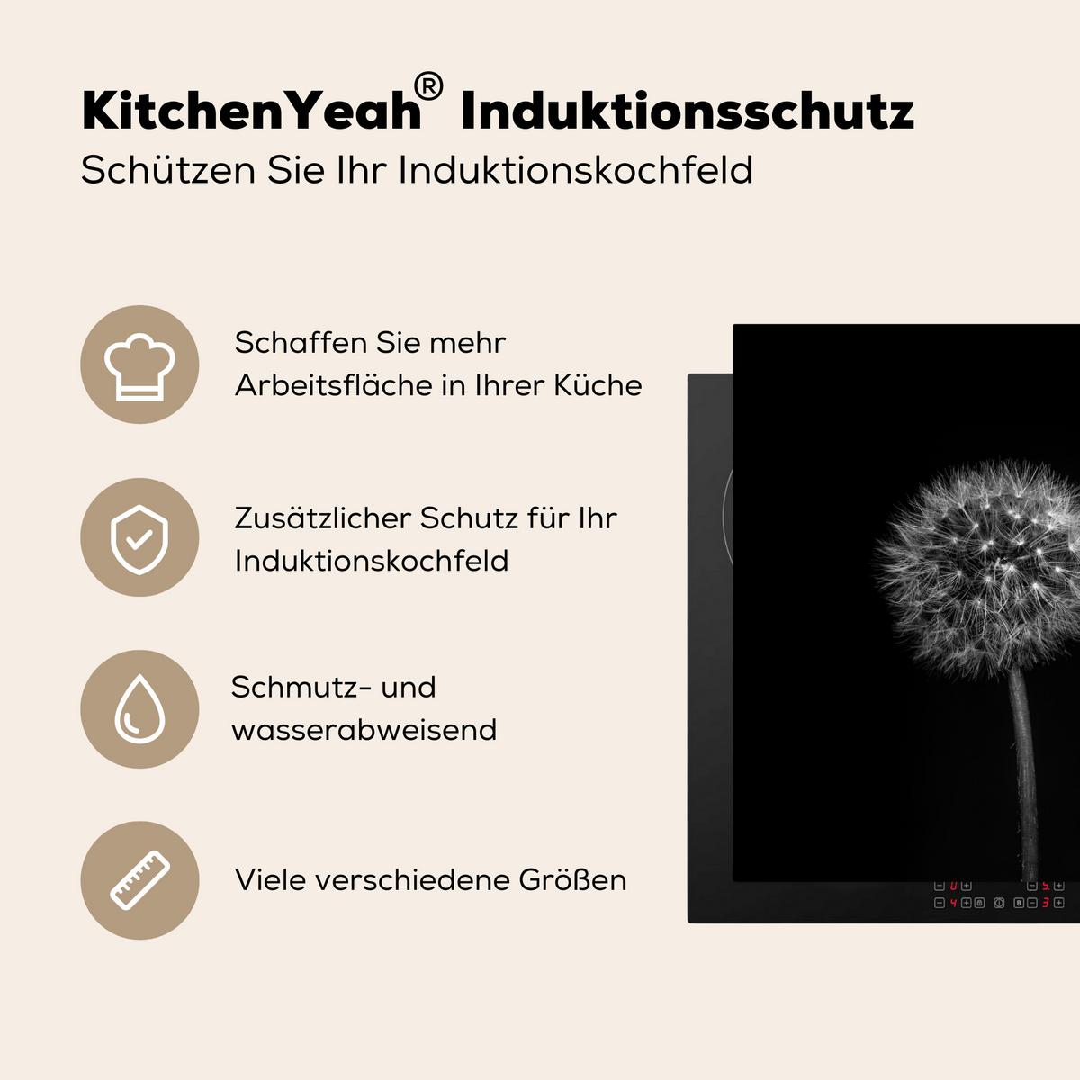 HERDABDECKPLATTE Löwenzahn - Schwarz - Floral - Botanisch Induktionsmatte 78x78 cm - Grau, Kunststoff (78/78/0.2cm) - MuchoWow
