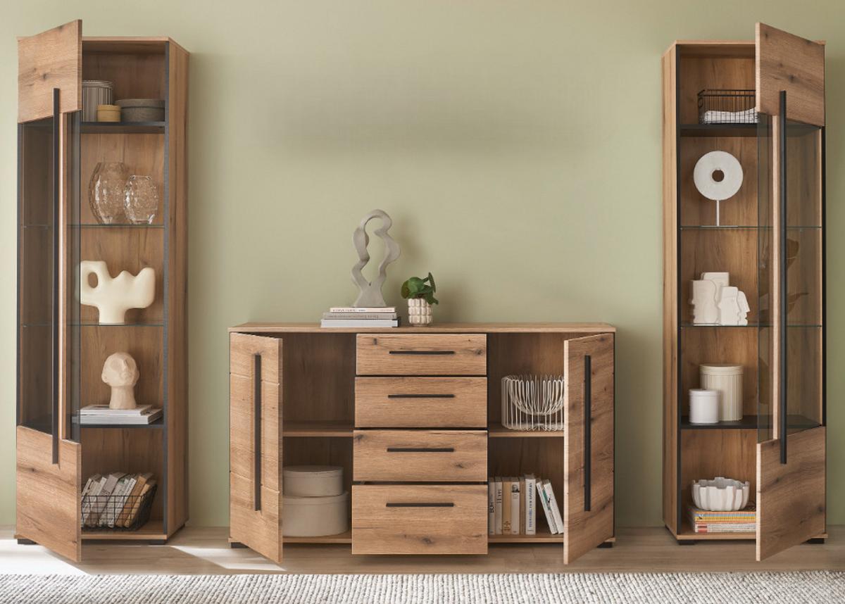 WOHNWAND Eiche Evoke, Wohnkombination 3-teilig mit Beleuchtung - Eichefarben/Schwarz, Glas/Holzwerkstoff (290/200/42cm) - Furn.Design