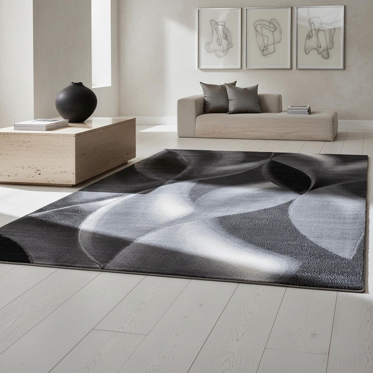 TEPPICH Kurzflor INN in Schwarz, mit abstraktem Wellenmuster, 140 x 200 cm - Schwarz, Textil (200/140cm) - KADIMA DESIGN