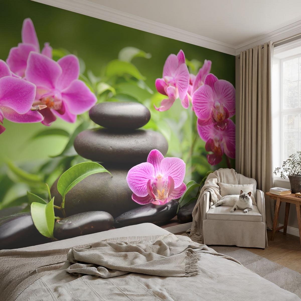 FOTOTAPETE 250x250 cm - Orchideensteine - Grün, Textil (250/250cm) - Wallfluent