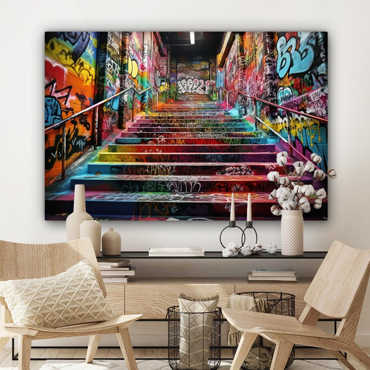 LEINWANDBILD Treppe - Graffiti - Farben - Kunst Groß 140x90 cm - Multicolor, Textil (140/90cm) - MuchoWow