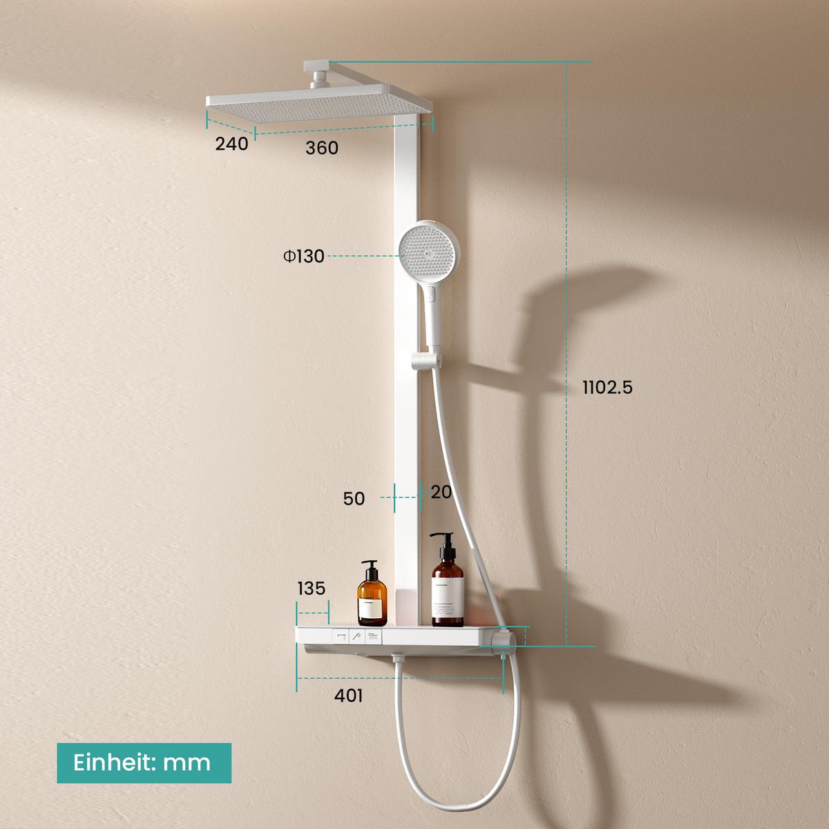 ÜBERKOPFBRAUSESET mit Brausethermostat Weiß 105/40,1/57,3 cm - Weiß, Metall (43.7/112.2/62.5cm) - EMKE