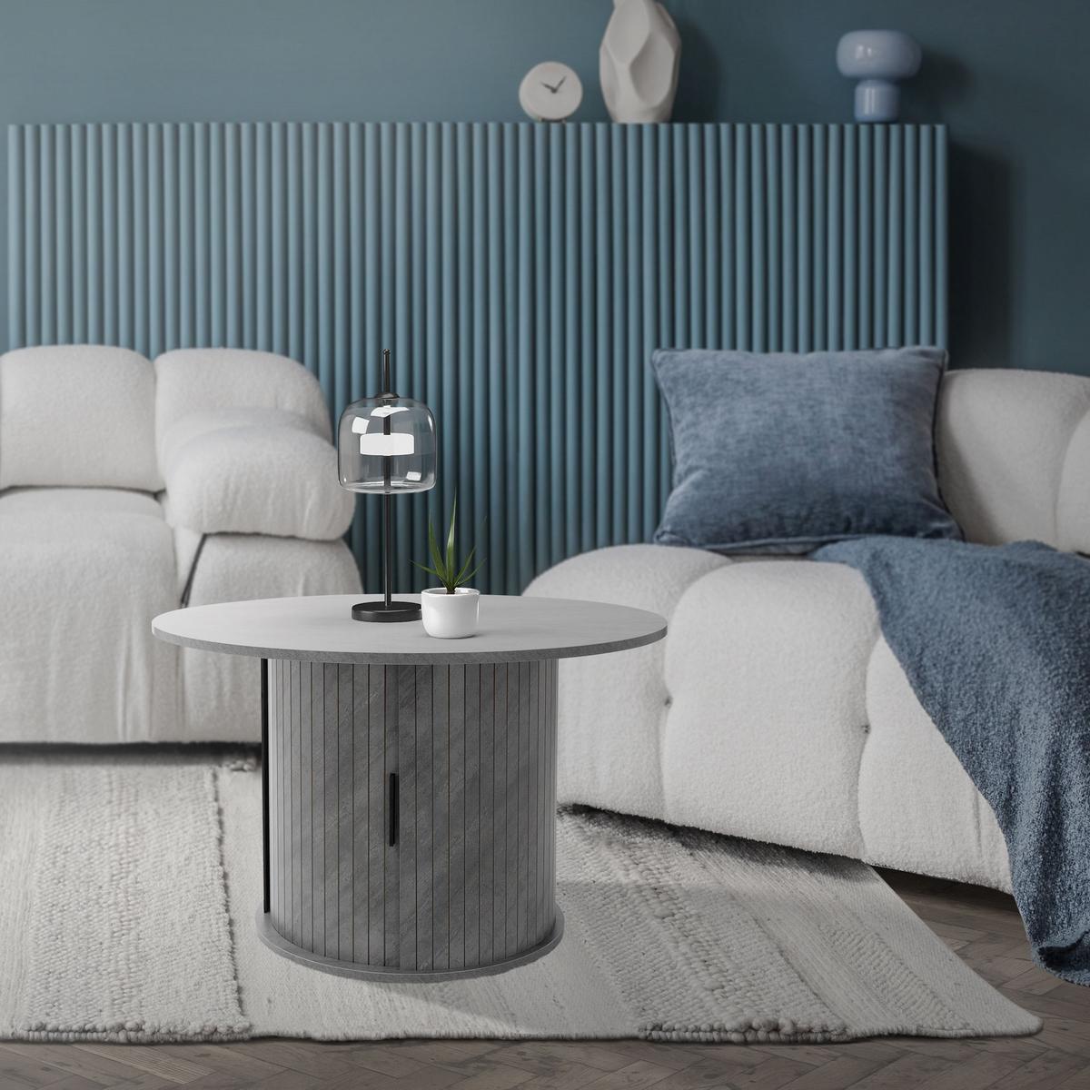 COUCHTISCH mit Schiebetür und Stauraum rund Ø80x50 cm Beton-Optik Grau - Grau, Holz (80/80/50cm) - ML-DESIGN