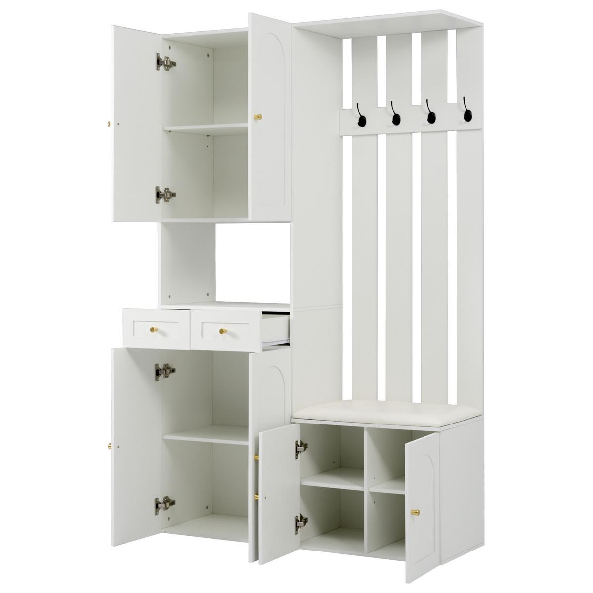 KLEIDERSCHRANK Wandgarderobe mit Schuhbank, 4 Haken, 6 Türen, 2 Schubladen, Weiß - Weiß, Holzwerkstoff (110/180/37cm) - Urban Meuble